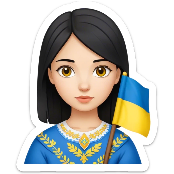 Make emoji of Ukrainian girl with black hair and in vyshyvanka with Ukrainian flag in her hand sticker