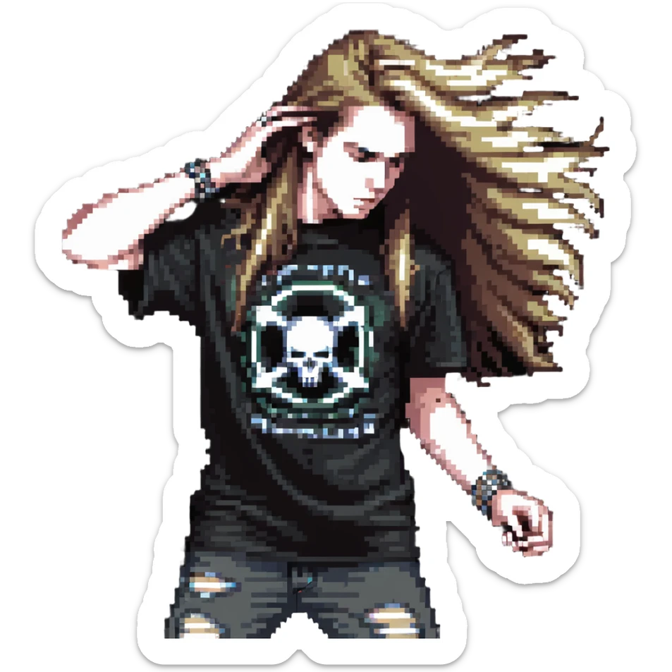 A person headbanging with long hair, wearing a metal band t-shirt sticker