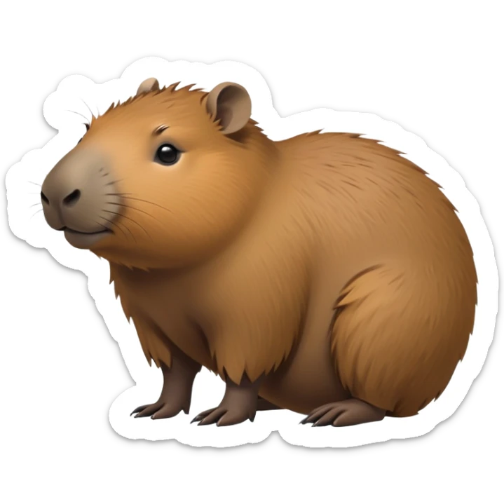 cinematic-capybara-realistic-full-body-on-all-fours-emoji,-plump-and-relaxed-body-soaking-in-the-warm-sun,-short-brown-fur-slightly-ruffled,-head-tilted-dramatically,-calm-expressive-eyes-exuding-serene-wisdom,-simplified-yet-realistic sticker