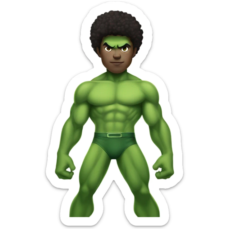 1 full-body Afro light-skinned skinned male teenager shirtless in a green superhero costume of the Hulk. sticker
