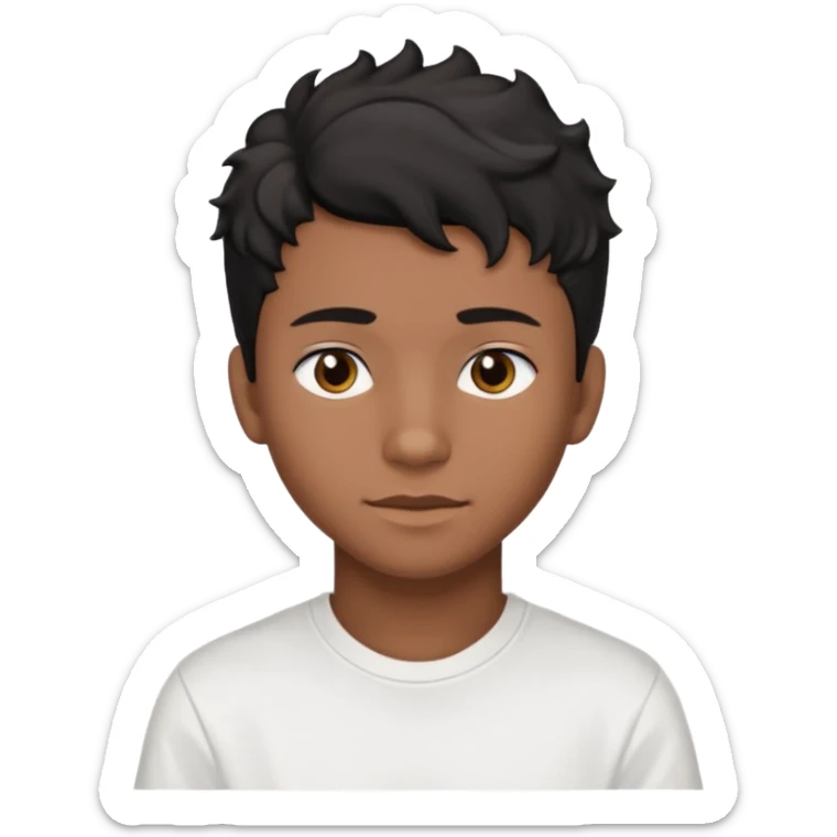 face emoji of a sixteen-year-old with brown skin, wavy black hair in a taper fade hairstyle, handsome features, wearing a white t-shirt sticker