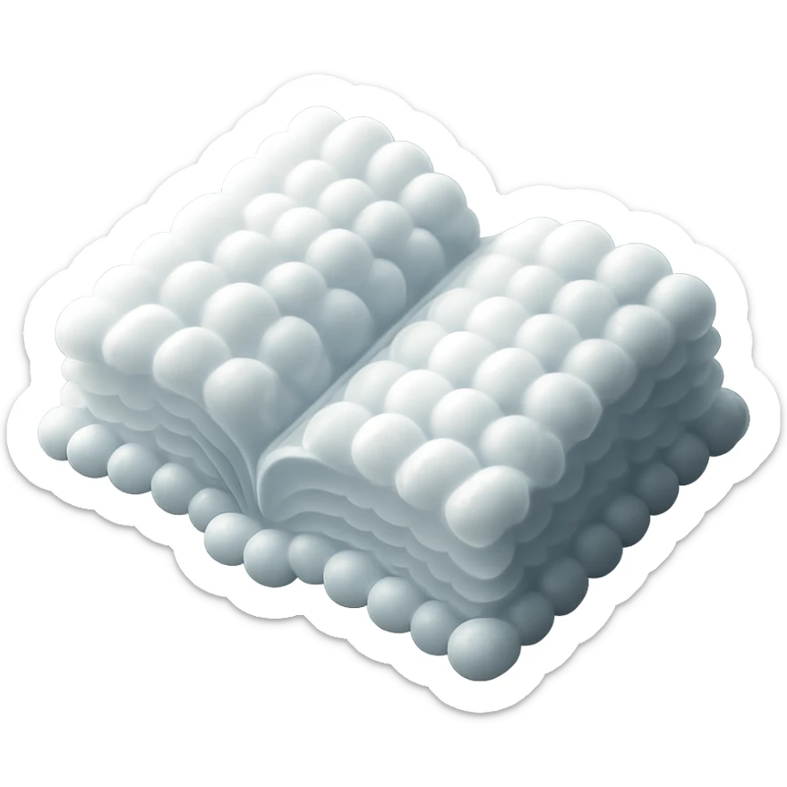 top view of a thick open book made entirely of small, very bright white fluffy convex clouds, matte glass style sticker