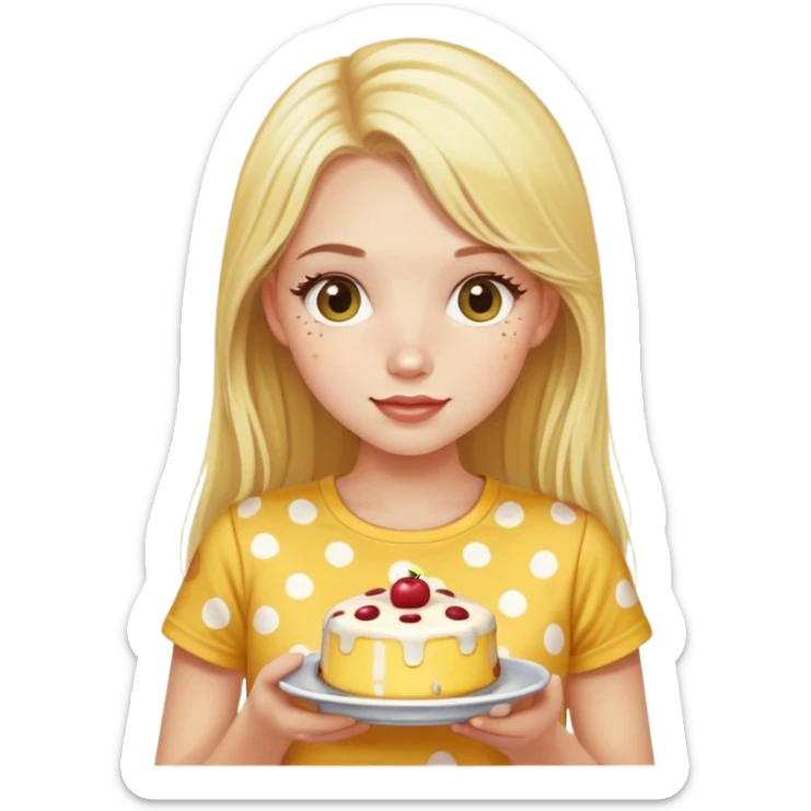 a girl with long lashes, long blonde hair, wearing a yellow polka dot t-shirt, holding a pudding sticker