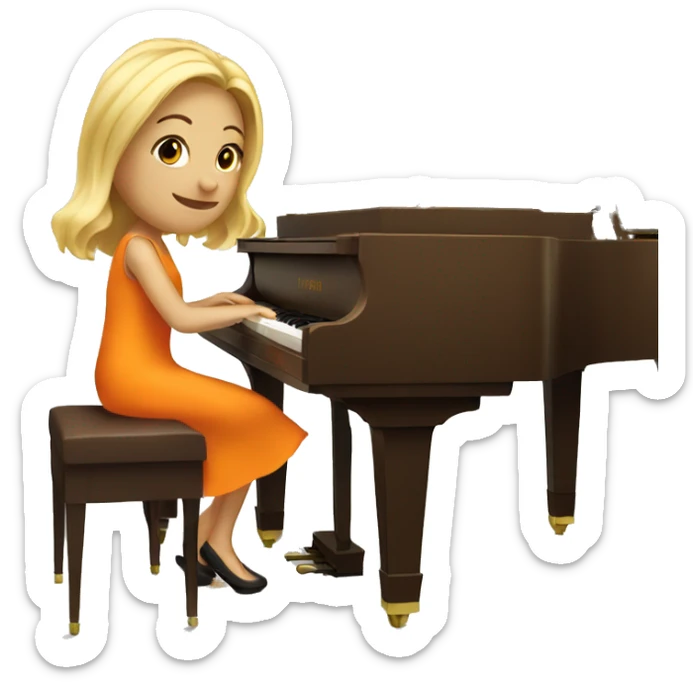 Blonde girl wearing an orange dress playing a brown upright piano sticker