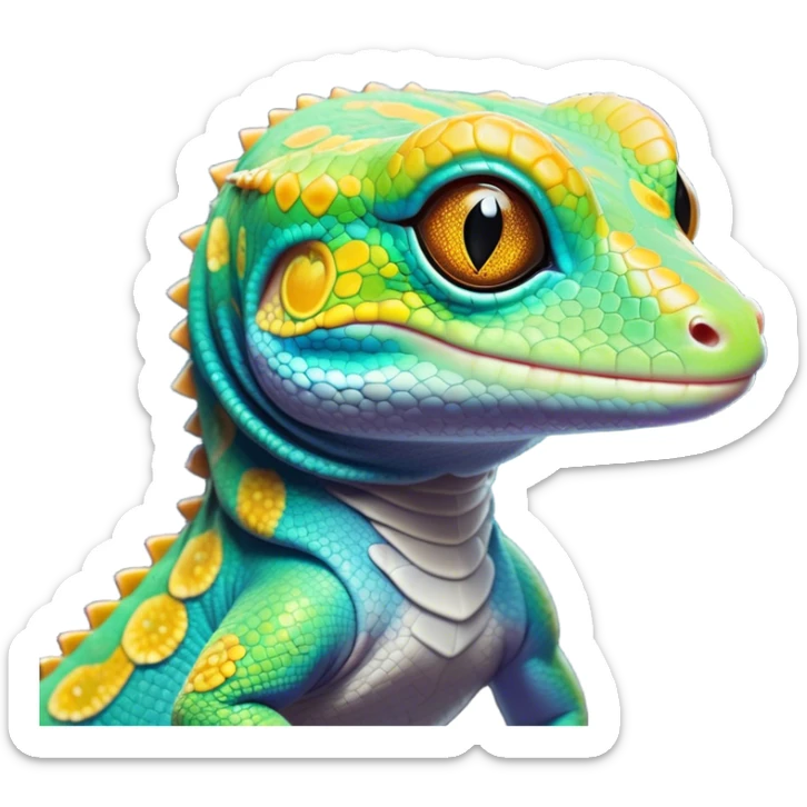 Cinematic Noble Gecko Portrait Emoji, Poised and sleek, with a compact, agile body adorned with textured, mottled scales and luminous, alert eyes accentuated by delicate toe pads and subtle patterning, Simplified yet sharp and sophisticated features, highly detailed, glowing with a soft, ambient jungle glow, high shine, intelligent and vigilant, stylized with an air of exotic elegance, focused and precise, soft glowing outline, capturing the essence of a watchful reptilian guardian that seems ready to scamper out of the screen with effortless agility! sticker