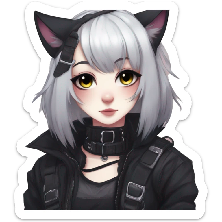 Gorgeous gothic dark techwear anime style anthro black cat furry with blushing face aesthetic and pretty edgy black with collar and harness trending style sticker