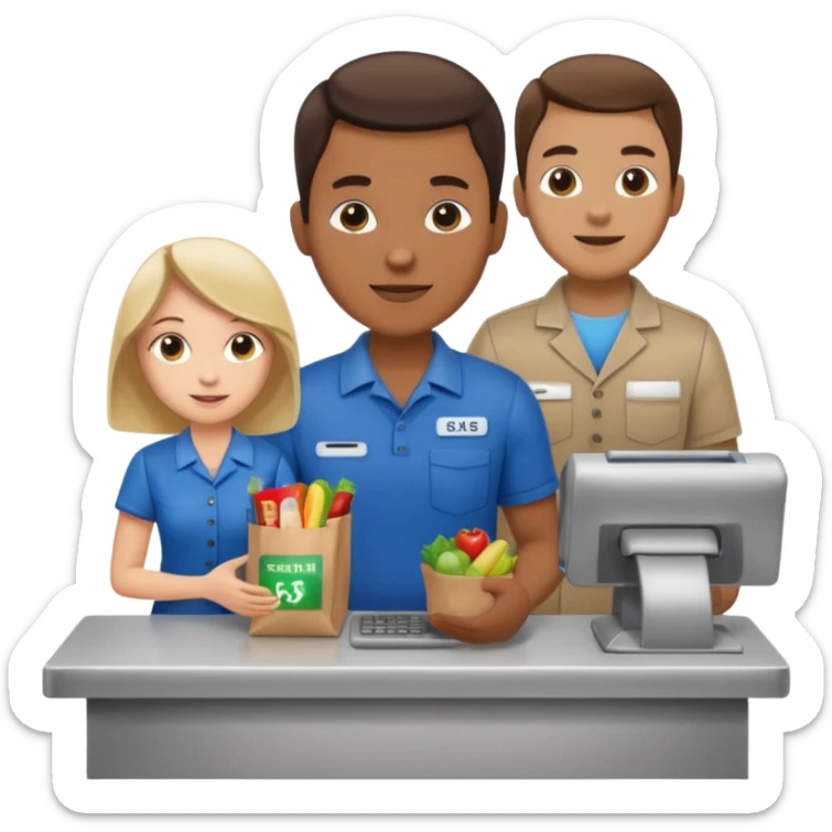 Supermarket employee at a cash register, full body, serving a man sticker
