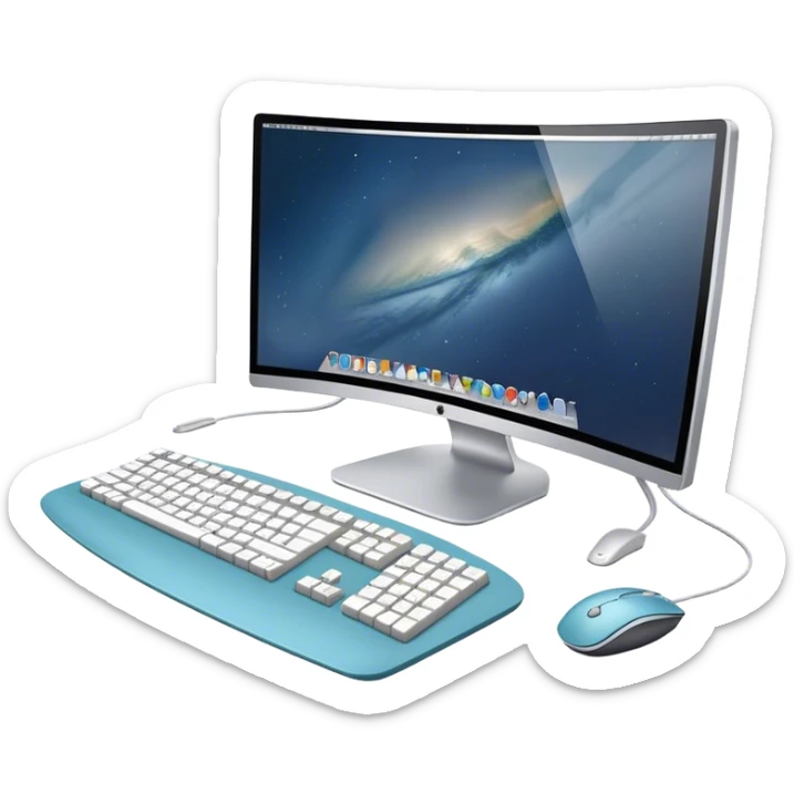 Create an emoji for UX/UI design. Large curved monitor, displaying UX/UI design interface. Include a mouse, keyboard, and stylus, symbolizing the design process. Use modern, professional colors. Do not include any emojis or smiley faces. Make the background transparent. sticker