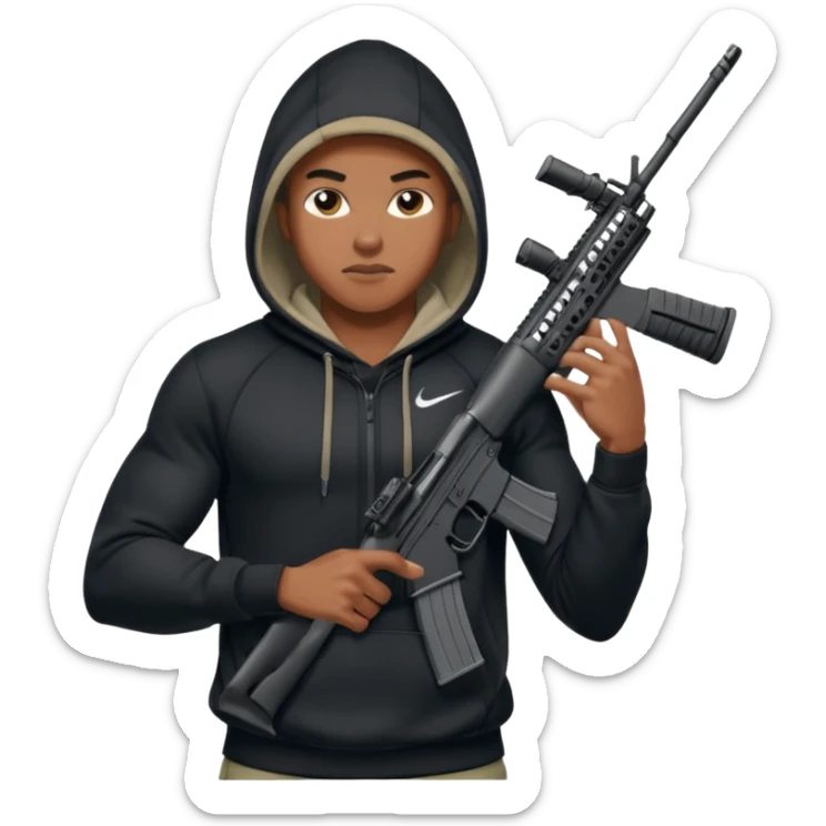 
Fais moi un jeune afro américain qui ressemble a un gangster qui tient une AR15 avec un hoodie a capuche, capuché, avec la cagoule nike therma fit hood sticker