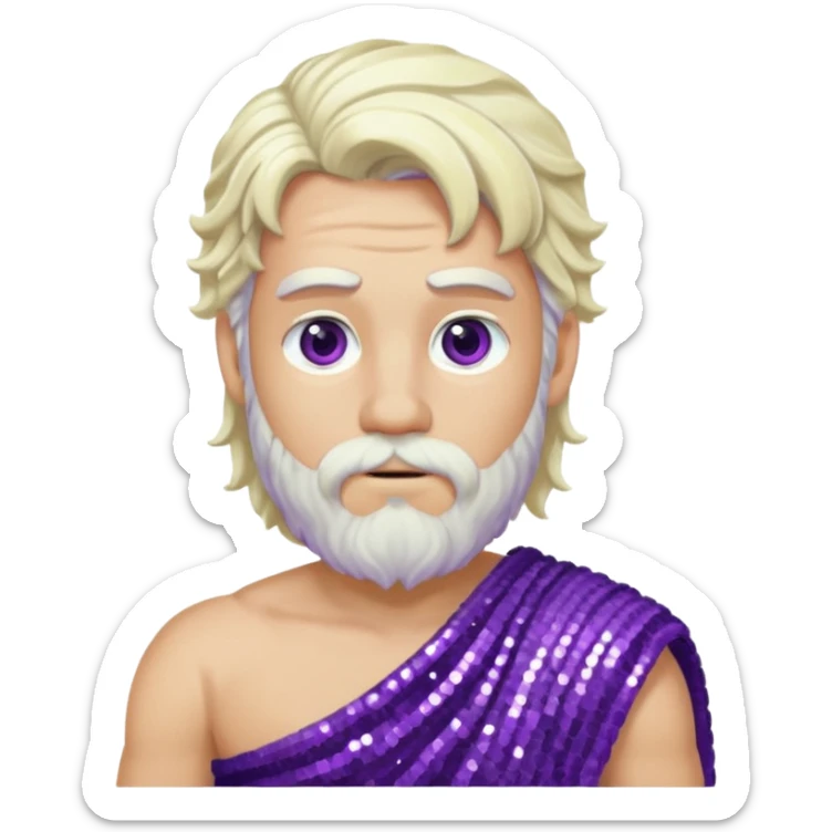 Zeus from Greek Gods with long platinum blonde wavy hair and short beard, purple sequin toga sticker