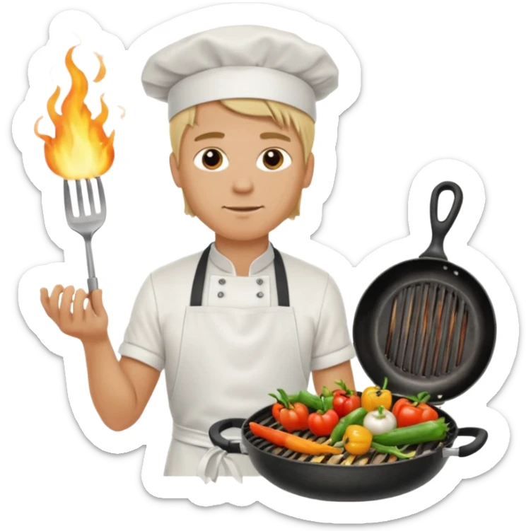 man with tied blond hair and and a white apron grilling vegetables on a sizzling grill sticker