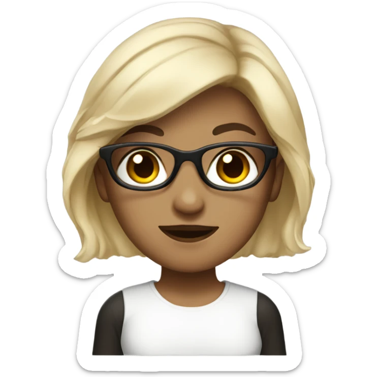 A girl with black glasess dark brown hair dark brown eyes color and white shirt sticker