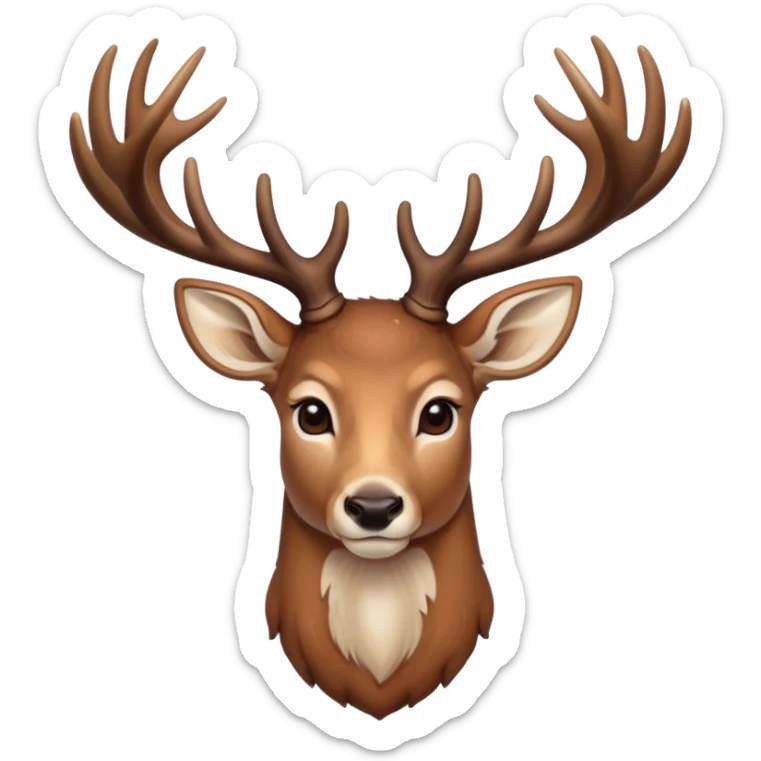 Cinematic Noble Deer Portrait Emoji, Poised and regal, with a graceful, slender build and a dappled coat of warm browns and creams, elegant antlers crowning its head, deep-set soulful gentle eyes, Simplified yet sharp and sophisticated features, highly detailed, glowing with a soft, dignified glow, high shine, intelligent and serene, stylized with an air of forest majesty, focused and attentive, soft glowing outline, capturing the essence of a watchful woodland guardian, so majestic it feels as though it could gracefully leap out of the screen with effortless authority! sticker