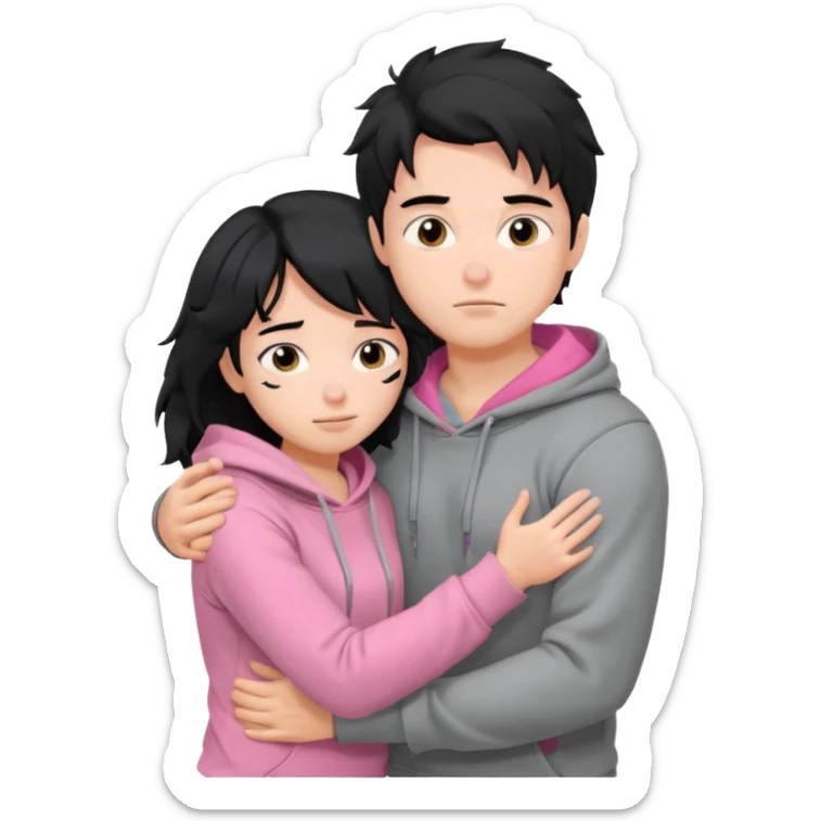 generate a pretty bratz fair skinned boy with messy black hair in a grey hoodie. Hugging his girlfriend who is wearing pink. Make him muscled. Boy in grey hoodie, girl in pink sticker
