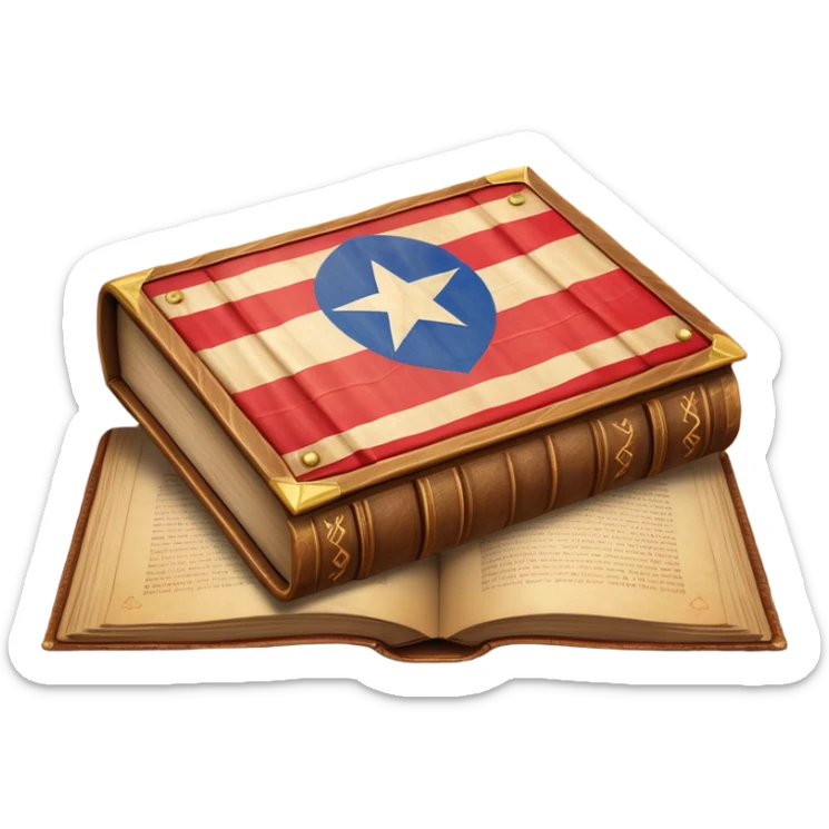 Ancient book with Puerto Rican flag on leather cover, theater curtain symbol carved in wood, warm vintage parchment textures, soft golden glow representing timelessness and theatrical heritage sticker