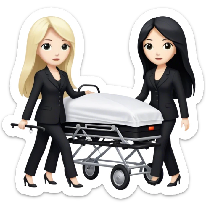 Two woman with long hair. One has black hair and one is blond. They have black pants suits on. And they are pushing a funeral stretcher in to a black Mercedes Vito funeral car. On the stretcher is a body covered in white sheets sticker