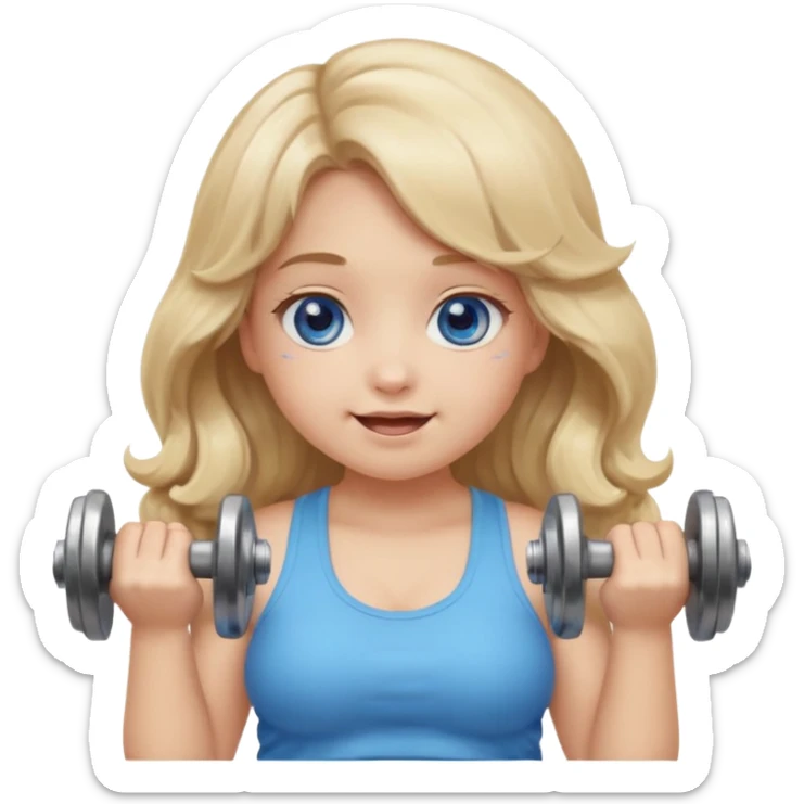 Kawaii emoji girl with big  blue glossy eyes, long wavy dirty blonde hair, happy expression, holding a dumbell, chubby cheeks, soft pastel colors, cozy and sweet aesthetic, clean background. sticker