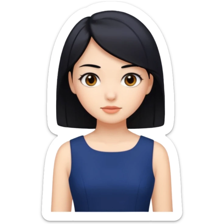 A girl with black hair, dark brown eyes, a beautiful face, short, straight hair to the shoulders, and a navy blue dress. sticker