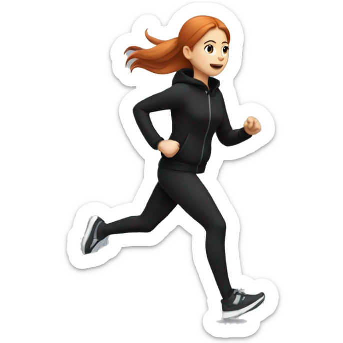 Redhead girl with straight hair, running in all black outfit in winter with white headphones (2D) sticker