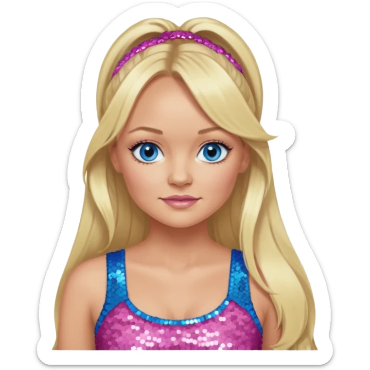 Emma Bunton with long blonde ponytail hair, blue eye, pink sequin crop top sticker