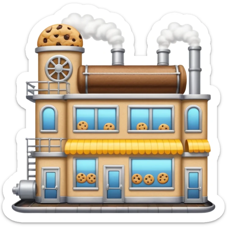 Exterior of a cartoon-style cookie factory, large front window showing conveyor belt with cookies, steam vents on the roof, metal pipes wrapping around the building, emoji-style sticker