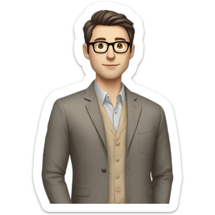 Full height Pale skinned Fit Man With dark brown hair in gray classic jacket, beige office shirt, Brown pants and vintage glasses. Thrumbs of his palms upwards sticker