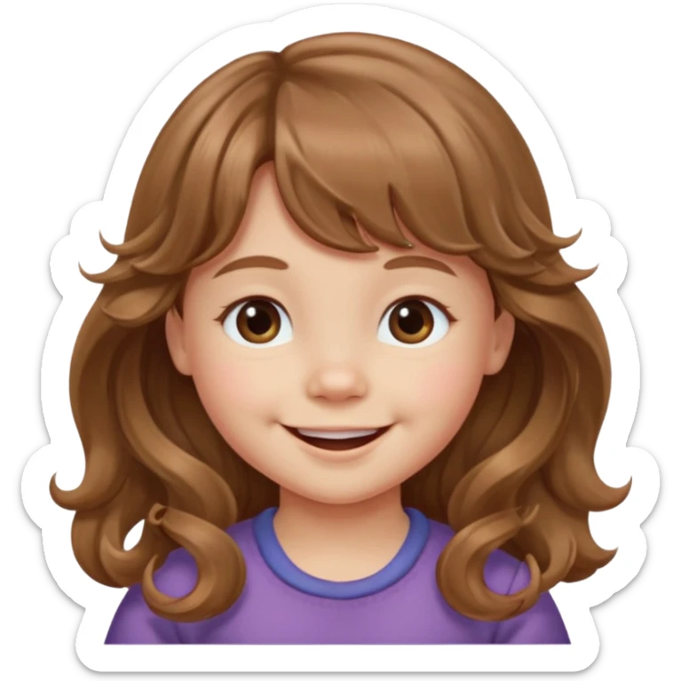 Please generate a portrait of a toddler with long, wavy, light brown hair, bangs. and is smiling

 sticker