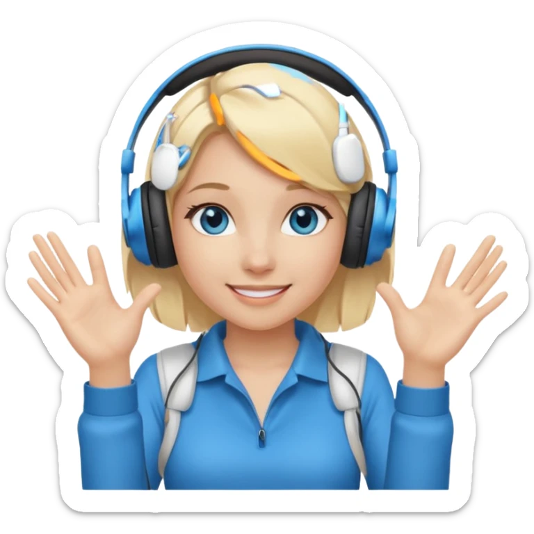 girl with blonde hair and blue eys, having on ears heaphones, with heands telling what  sticker