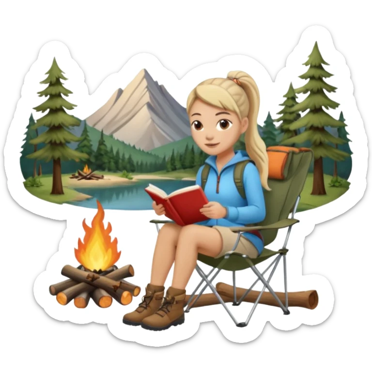 A pony tail hair woman journaling on a camping chair, enjoying the quiet nature scene beside a campfire sticker