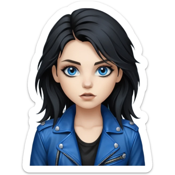 
 rockstar girl with long total black disheveled hair, blue eyes, Smokey eyes rockstar grunge makeup, rocking  sticker