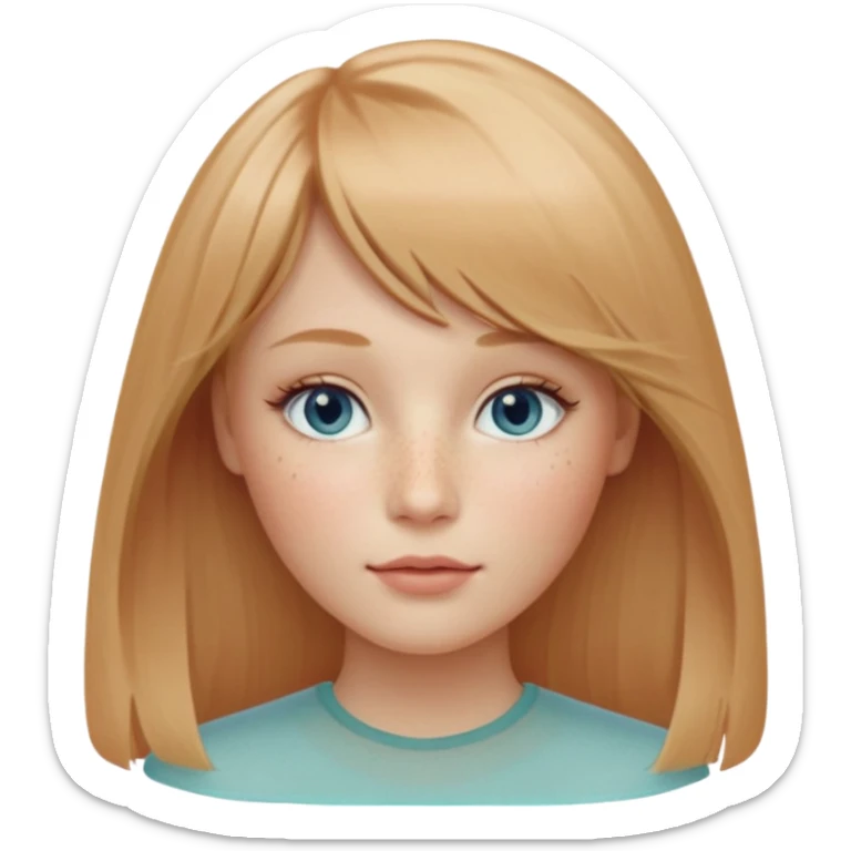 oval-shaped female face, very fair cool-neutral skin, light freckles on nose and cheeks, long fine strawberry-blonde hair parted center, wispy bangs, almond-shaped sea-glass gray-blue eyes, light sandy-blonde arched eyebrows, straight softly rounded nose, medium-full rose-tinted lips sticker