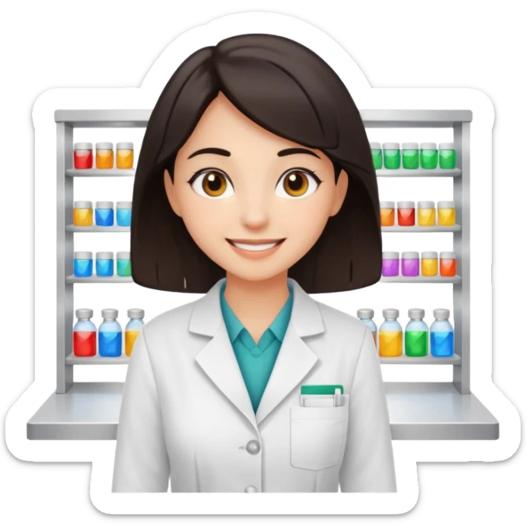smiling girl pharmacist with dark hair and dark eyes, standing behind a counter, sunny sparkling expression sticker