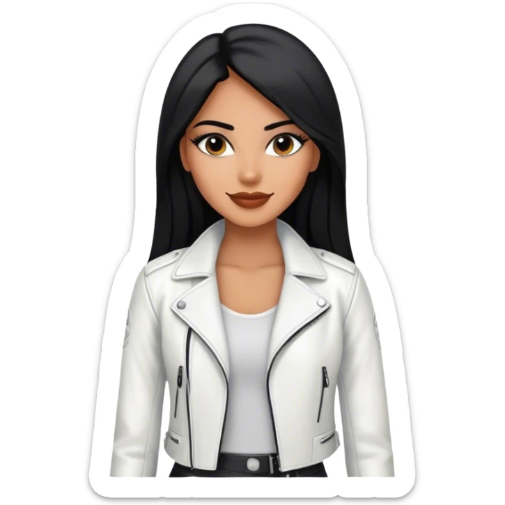 beautiful fit woman, with long straight black hair, with make up, black eye liner, smile mooth close, mexican, brown skin, wearing casual white outfit and leather black jacket, flirting sticker