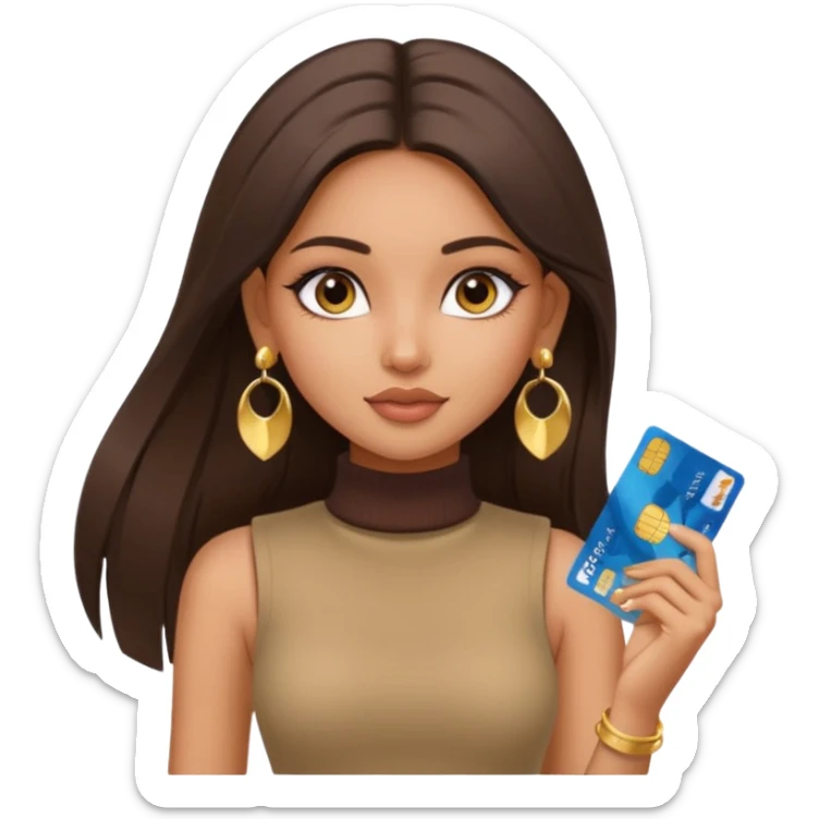 a pretty bratz fair indian girl wearing a beige sleeveless turtleneck, golden earrings, straight ling hair, holding bank cards, dark brown hair sticker