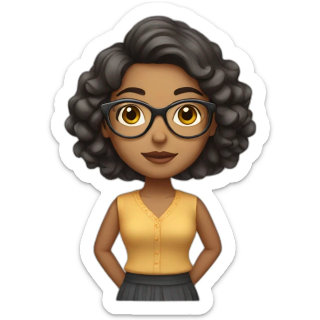 Indian woman with wavy hair wearing glasses and a small folded skirt sticker