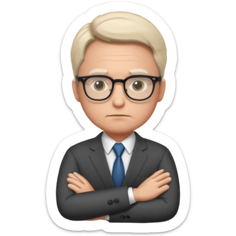 Illustrate Gus in a business suit with glasses, hands folded & serious gaze. sticker