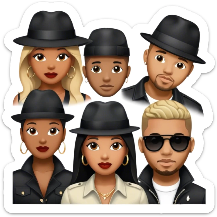 Icon for R&B Music: collage of R&B artists—Victoria Monét, Summer Walker, Usher, Chris Brown, and Muni Long. Each represented by a silhouette or symbolic item like a microphone, fedora, or music notes, reflecting the soul and energy of R&B. Transparent background. sticker