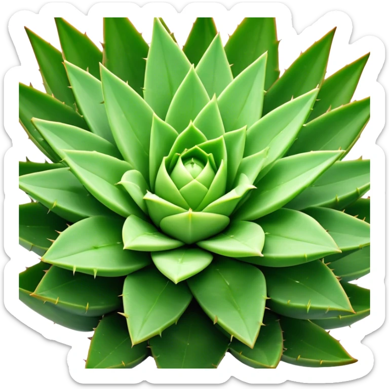 Cinematic Realistic Aloe Vera Emoji, Plump and succulent, with thick, fleshy leaves arranged in a star-like rosette. The vibrant green leaves have a slightly spiky texture, exuding a sense of resilience and healing. Soft glowing outline, capturing the essence of natural wellness and desert vitality in a flourishing aloe vera plant! sticker