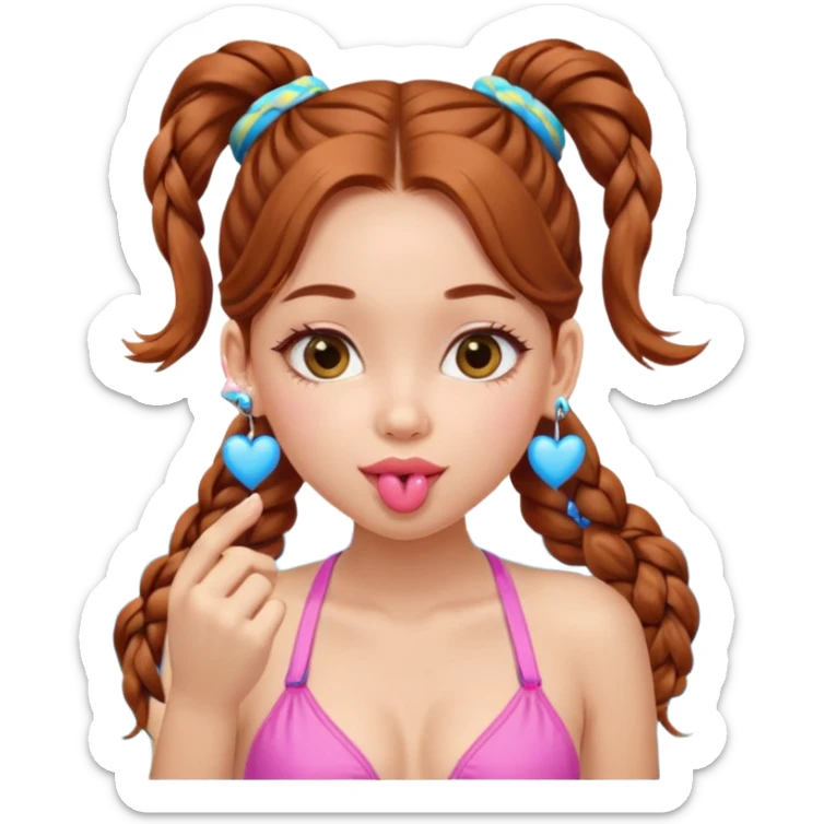 A cute ukrainian girl, looks slightly malaisain with full lips and long auburn hair in two plaited ponytails, has heart earrings in yellow and blue, and is wearing her pink bikini, she is blowing a kiss. sticker
