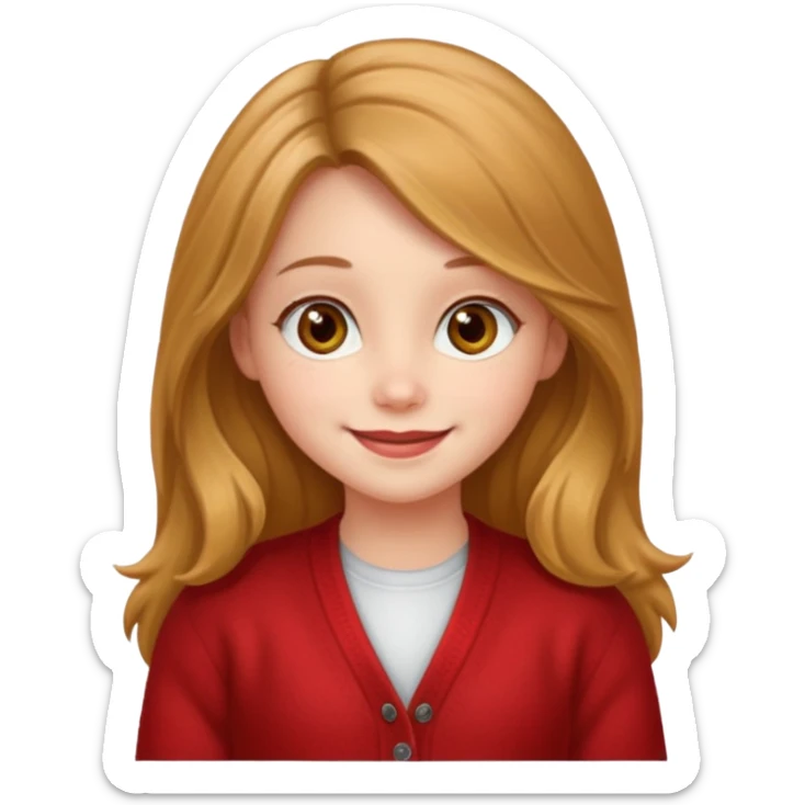 create a girl with hazel long hair, hazel eyes and beautiful smile, and red colour cardigan sticker