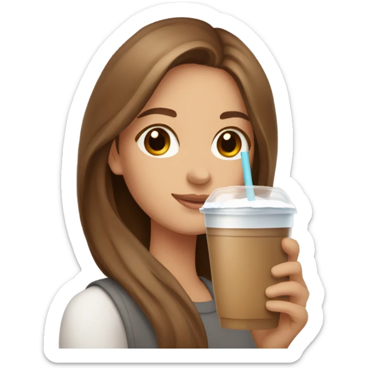 Beautiful woman, straight long light brown hair, brown eyes, cozy holding an iced coffee sticker