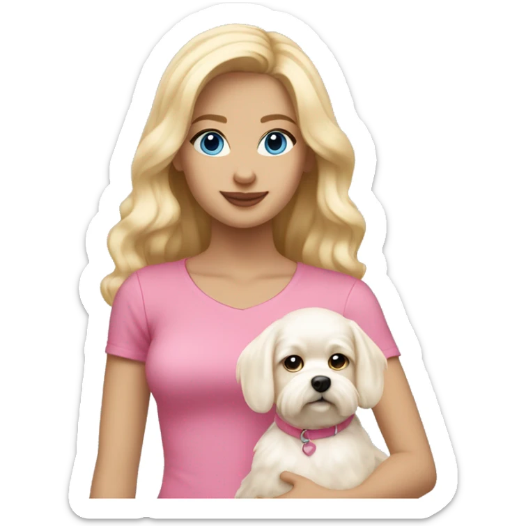 Girl with light skin, blonde waves hair,blue eyes , wearing in pink top.  hold on Maltese dog sticker