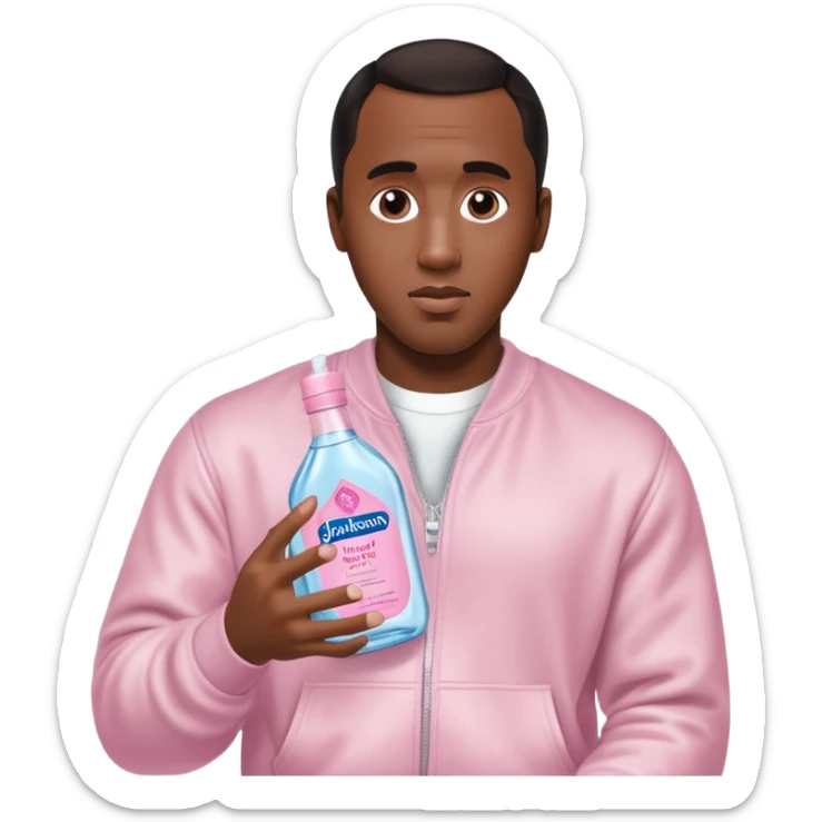 A realistic product shot of a transparent bottle of Johnson’s Baby Oil by Johnson & Johnson, featuring a soft pink label. The oil inside is crystal clear and glossy. Sean "Diddy" Combs is holding the bottle sticker