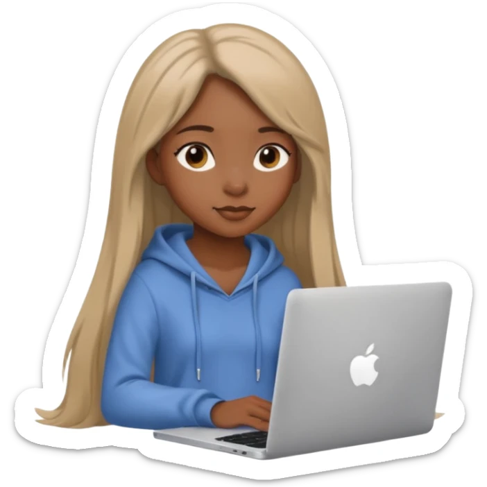 cute black girl with long straight hair, sitting at an Apple laptop, wearing light soft aesthetic clothing sticker