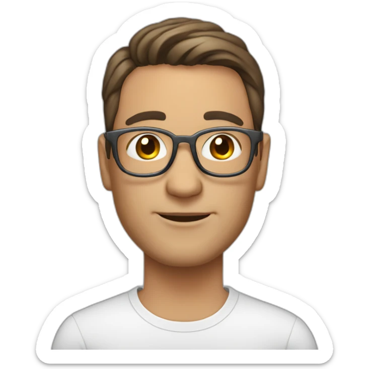 Middle aged gay male with brown hair and earings, round glasses, earrings,silver necklace,smooth shaven sticker