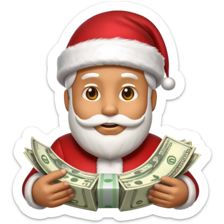 A confident rich emoji face wearing a Santa hat, money stacks, casino vibe, New Year theme, premium 3D emoji style, sharp details, no t sticker