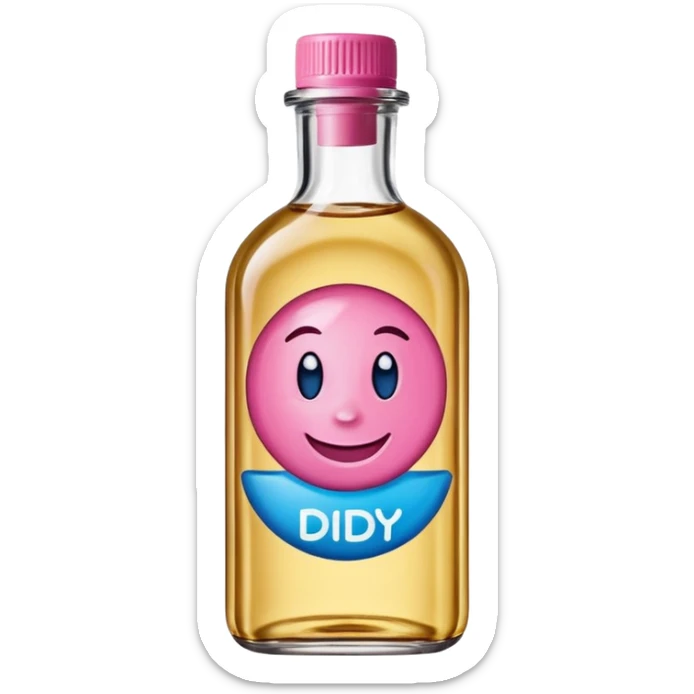Smiling bottle of oil blue top pink outside with logo that says diddy oil sticker