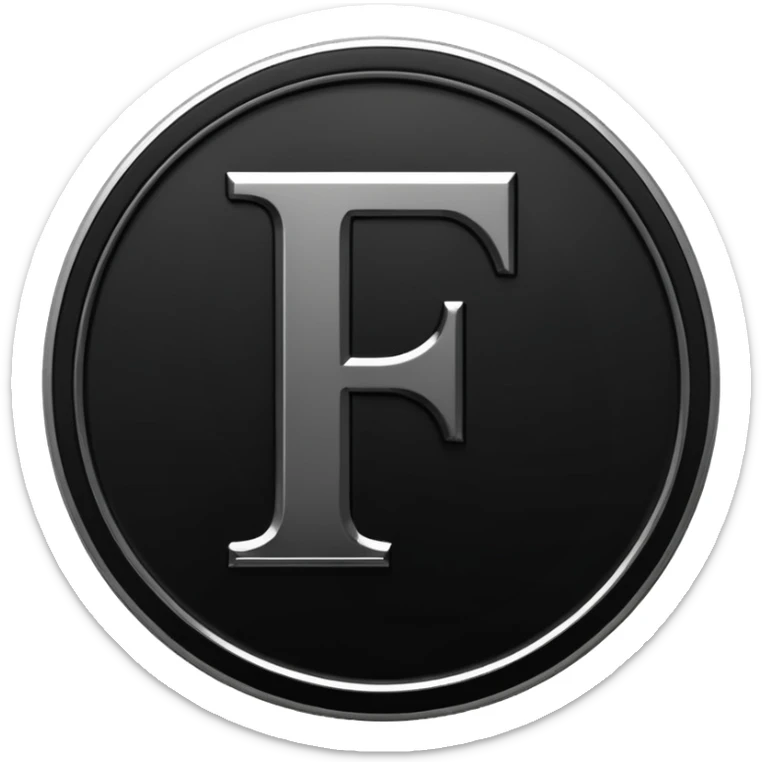 Emoji icon of a black coin with engraved letter F, minimalist style, isolated, only black color sticker