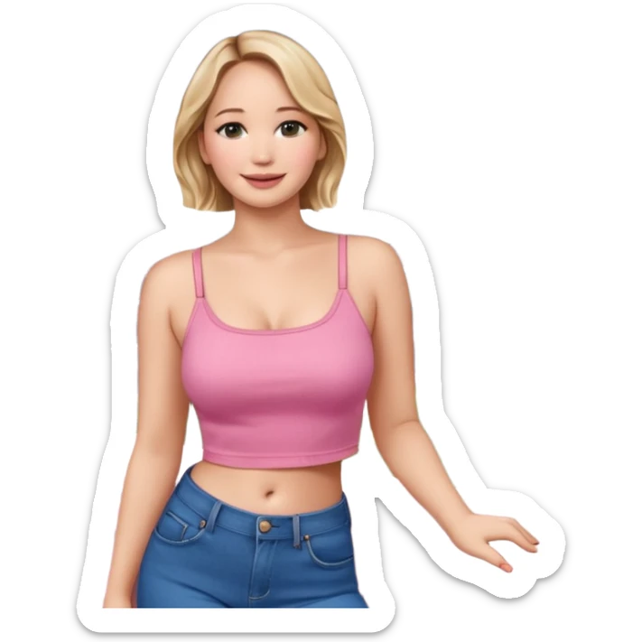 jennifer lawrence, pink crop top, and blue jeans, leaning on a balcony with a harbor and cityscape in the background, smiling sticker