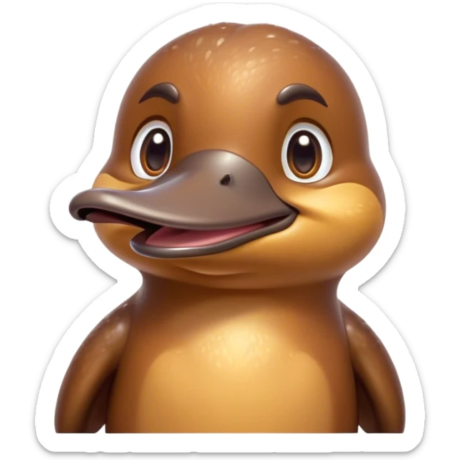 Cinematic Cute Platypus Portrait Emoji, Head tilted playfully and inquisitively, featuring a glossy brown fur with a charming, flat duckbill and round, sparkling eyes brimming with quirky wonder, Simplified yet irresistibly adorable features, highly detailed, glowing with a warm, friendly glow, high shine, affectionate and whimsical, stylized with a touch of aquatic playfulness, bright and endearing, soft glowing outline, capturing the essence of a mischievous yet lovable platypus, so playful it feels like it could waddle out of the screen into your arms! sticker